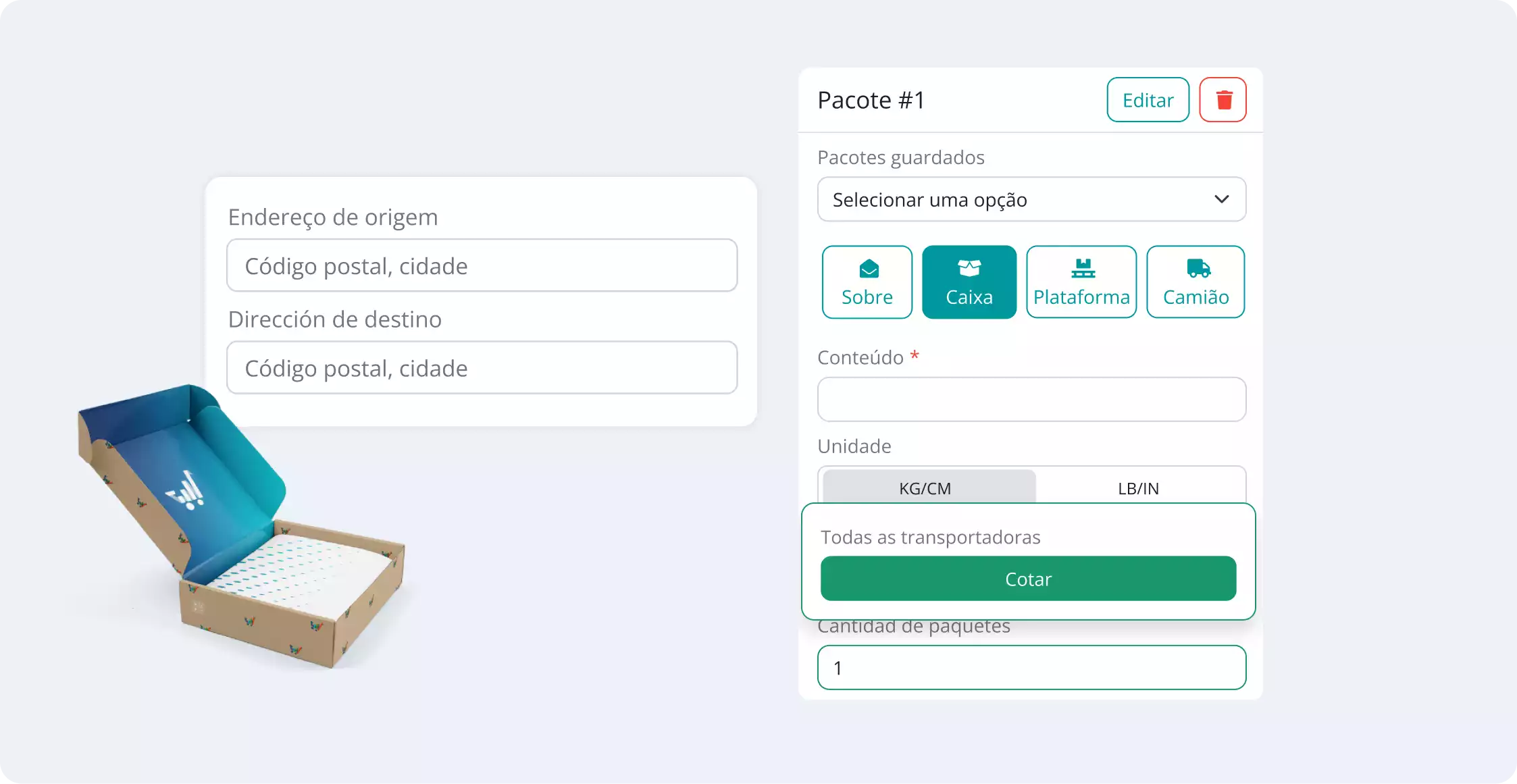 Várias opções de envio